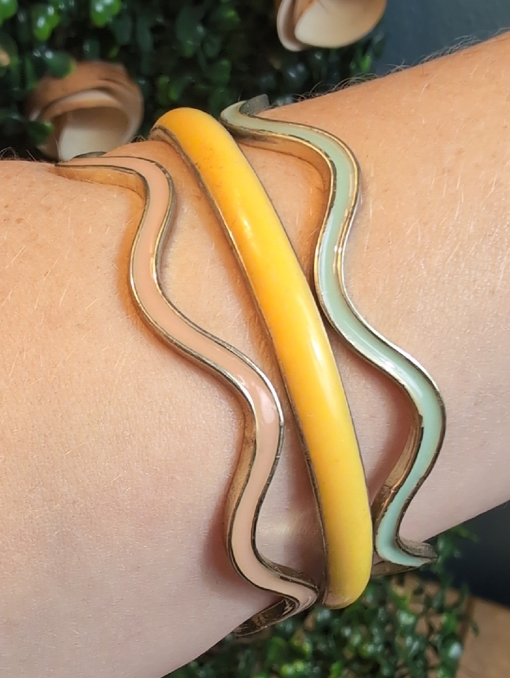funky & Fab Wavy Enamel Bangle Set - Yellow, Pastel Pink & Mint